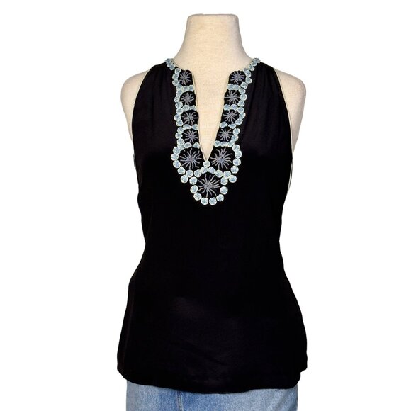BCBG Maxazria Black Embellished Beaded V-Neck Racerback Chiffon Tank Pocket Sz M - Picture 1 of 11